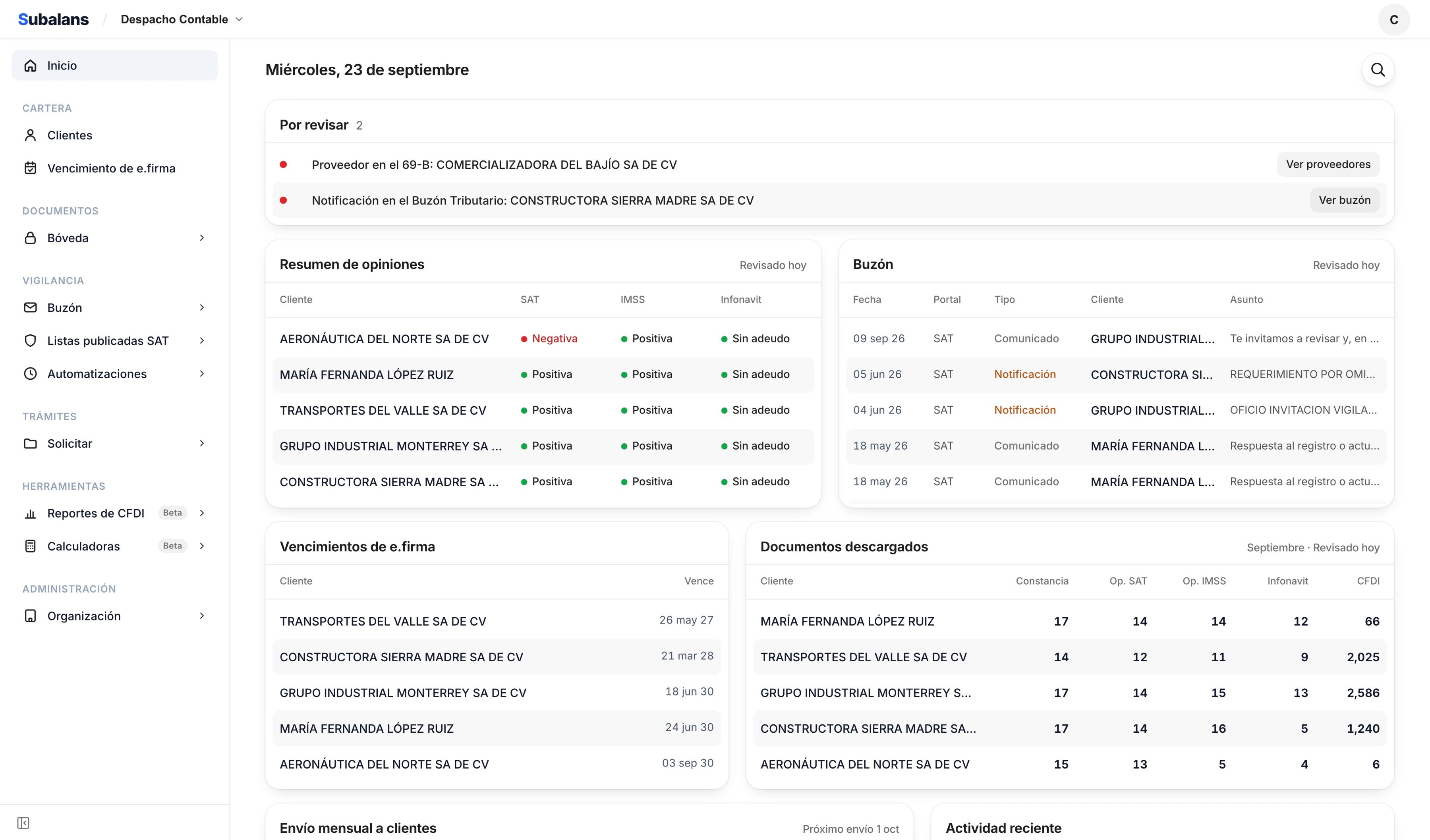 Inicio de Subalans con opiniones, buzón, vencimientos y documentos de la cartera