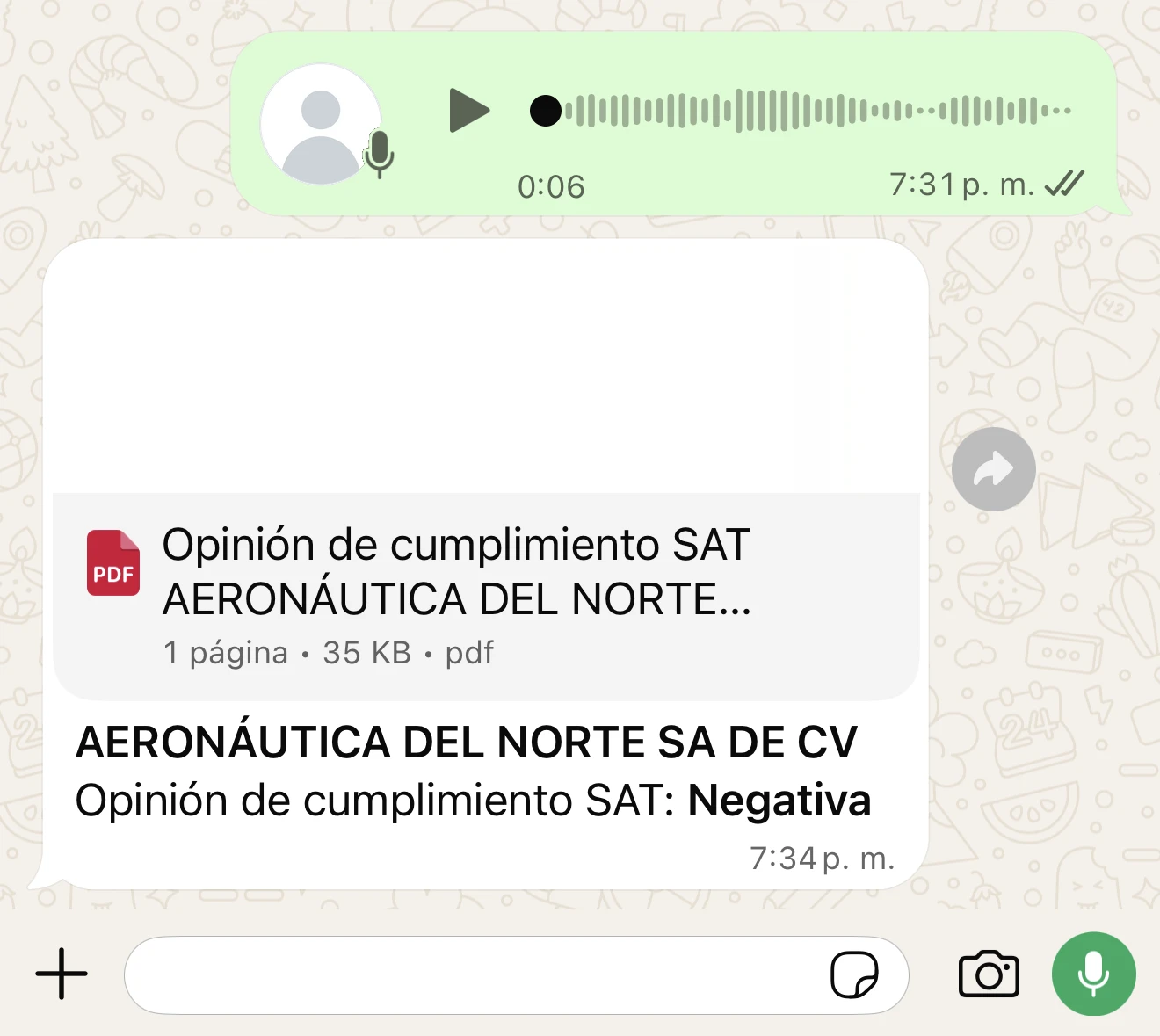Chat de WhatsApp: una nota de voz de 6 segundos y la respuesta con la opinión de cumplimiento SAT de AERONÁUTICA DEL NORTE en PDF, con resultado Negativa